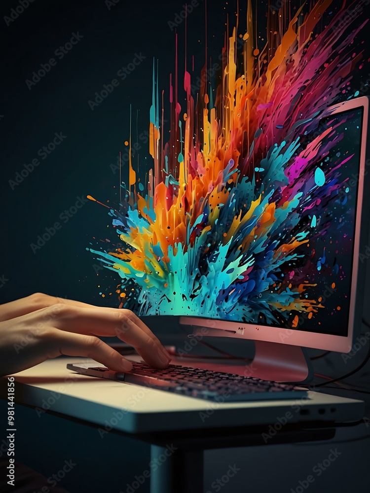 Poster graphic designer creates a unique digital abstract design on their computer.