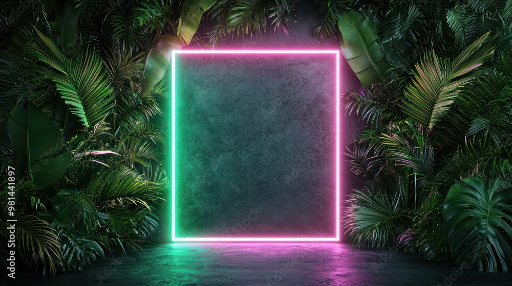 Poster a neon green square is surrounded by green leaves. the square is empty and the leaves are in the bac