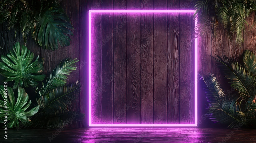 Poster a neon sign with a purple frame is displayed in front of a forest of green plants. the sign is lit u