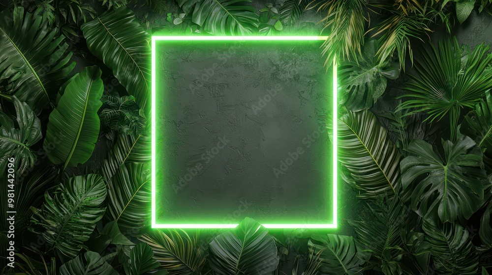 Poster a green square with a neon light in the middle. the square is surrounded by green leaves. the neon l