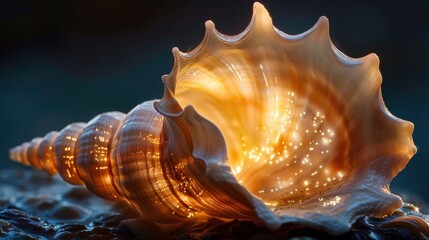 A seashell with a glowing interior, reflecting light, on a dark background. - Powered by Adobe