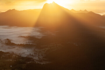 Die Sonne geht hinter dem Mt. Warning / Wollumbin auf. Die ersten Sonnenstrahlen des Tages auf dem australischen Festland. Aussicht vom Nationalpark Border Ranges. Nebel im Tal.