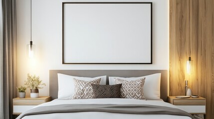 A bedroom with a white bed and a large white framed picture on the wall. The bed is covered with a white comforter and pillows. The room has a modern and minimalist design with a wooden headboard
