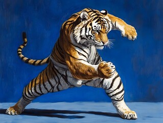 Fierce Tiger Performing Martial Arts Pose on Cobalt Blue Background