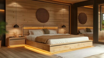 contemporary wooden bedroom with minimalist design warm natural textures soft ambient lighting creates cozy atmosphere clean lines and uncluttered space evoke calm restful mood