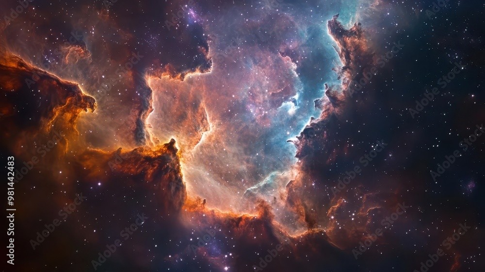 Poster cosmic wonderland vibrant nebula swirling with iridescent gases and newborn stars creating a mesmeri