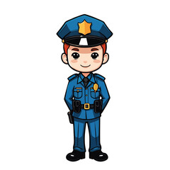 Cute little hero policeman in blue uniform and red hair, cartoon character isolated on white
