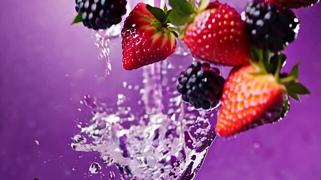 Fresh berries splashing in water with vibrant purple background