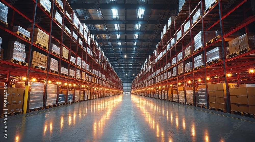 Poster automated rpa systems streamline operations in a modern warehouse during evening hours