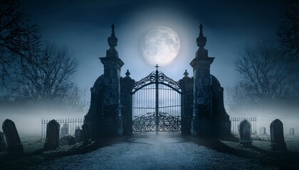 Naklejka premium Old cemetery gate surrounded by fog and bats flying under moonlight, halloween