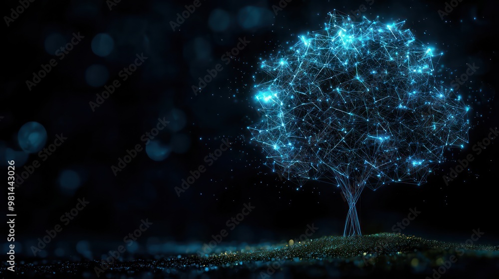 Poster a tree made of blue lights is displayed on a dark background. concept of wonder and awe at the beaut