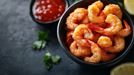 Fototapeta premium Enjoy a delightful serving of crispy fried shrimp accompanied by zesty sauce