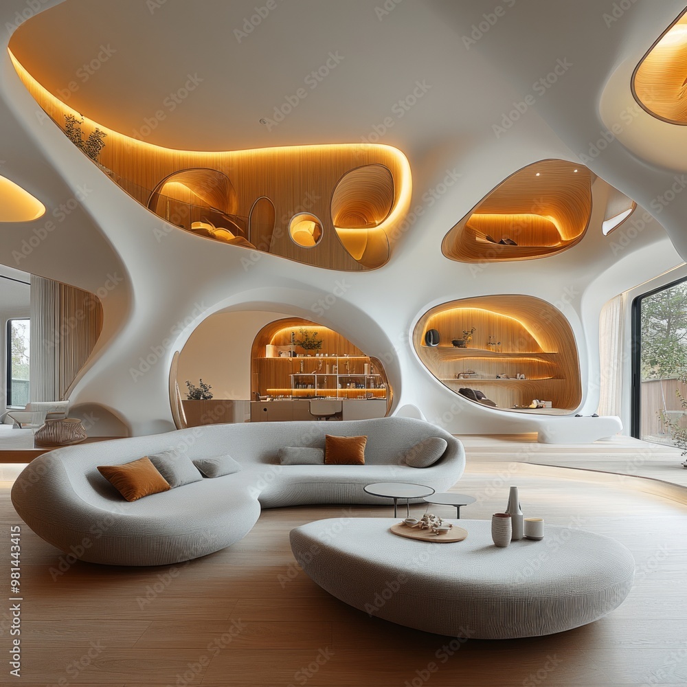 Wall mural Modern living room with unique, organic-shaped ceiling and curved sofa.