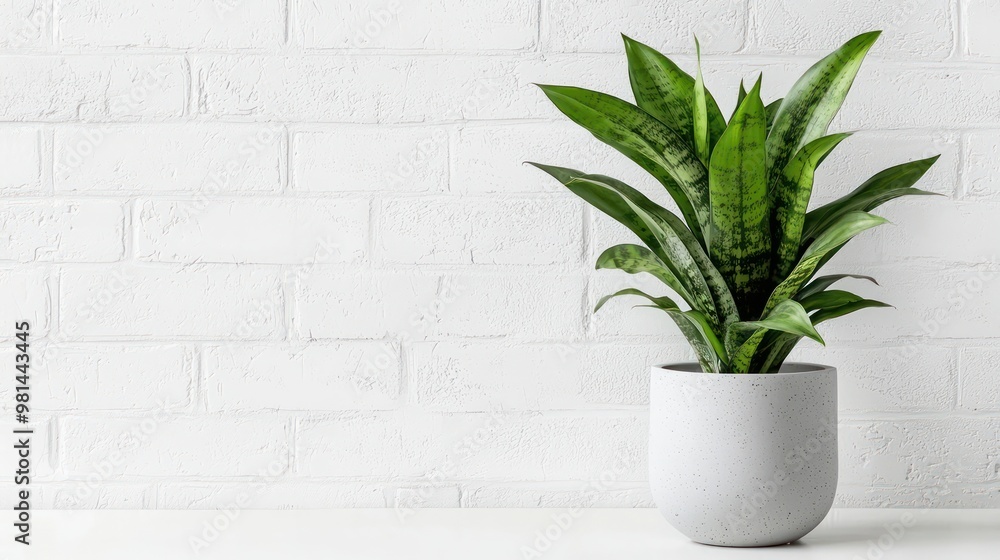 Poster a potted plant sits on a white table in front of a brick wall. the plant is green and he is a small 