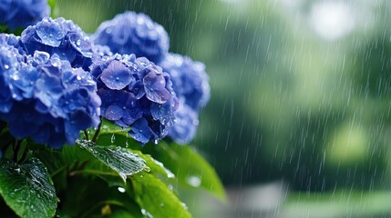 A group of blue flowers are in a potted plant, with raindrops on them. Scene is peaceful and calming, as the flowers are surrounded by nature and the rain adds a sense of tranquility