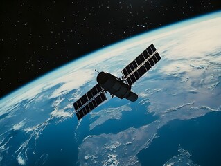 Silhouette of a Satellite Orbiting the Majestic Blue Planet Earth against a Captivating Starry Night Sky