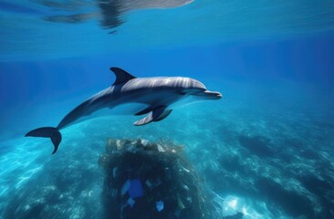Fototapeta premium A dolphin swims in the ocean among corals. Underwater photography. Postcard with a dolphin.