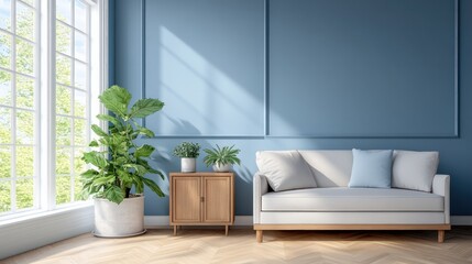 A living room with a white couch and a potted plant. The room is bright and airy, with a blue wall and a window letting in natural light. The couch is positioned in front of the window
