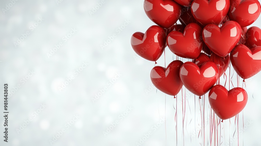 Poster a bunch of red balloons with hearts on them. the balloons are hanging from the ceiling and the backg