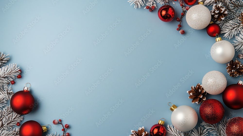 Poster a blue background with a red and white christmas tree. the tree is surrounded by many red and white 