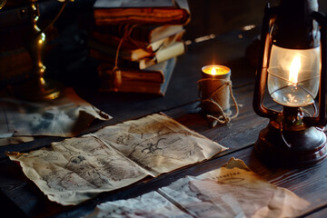Old historical documents as props, and oil lamps. Generative AI