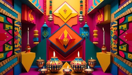 An abstract artwork inspired by Diwali. Geometric shapes, bold colors, and patterns representing the joy and energy of the celebration