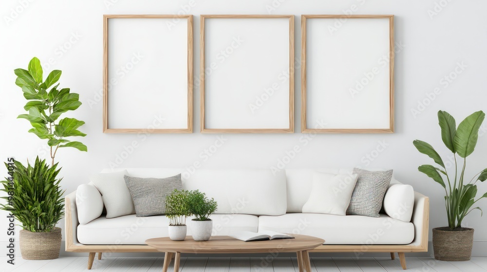 Poster a white couch is in the middle of a room with three empty picture frames on the wall. the room has a