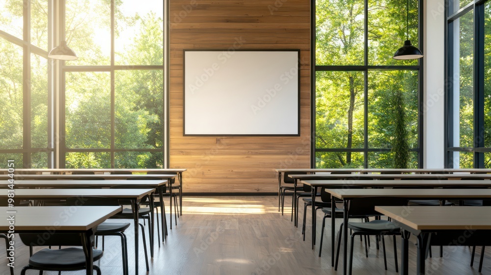 Poster A large white board is on the wall of a classroom. The room is empty and has a lot of chairs and tables. The chairs are arranged in rows and the tables are placed in front of the chairs