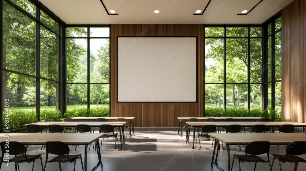 Poster A large empty room with a projector screen and a few tables and chairs. The room is empty and has a modern, clean look