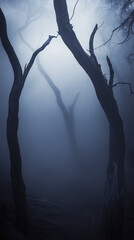 Obraz premium Spooky foggy forest with twisted tree branches, dark mysterious atmosphere