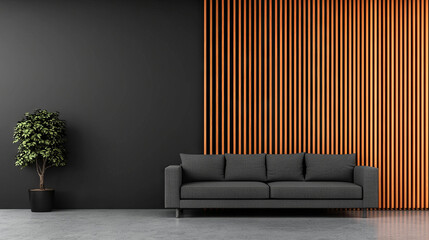 Modern living room with a grey sofa and a wood slat wall.