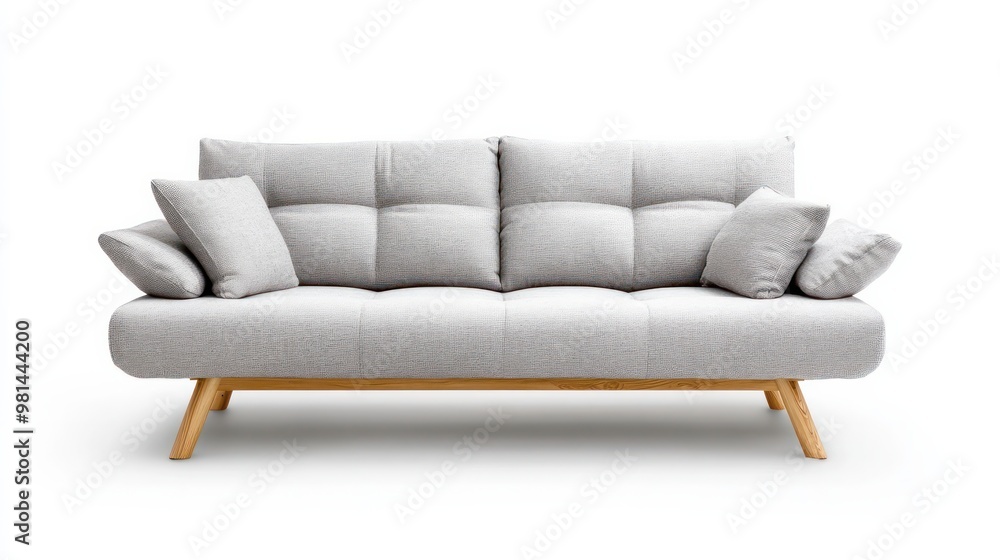 Poster a white couch with pillows on it. the couch is made of a soft material and has a wooden frame