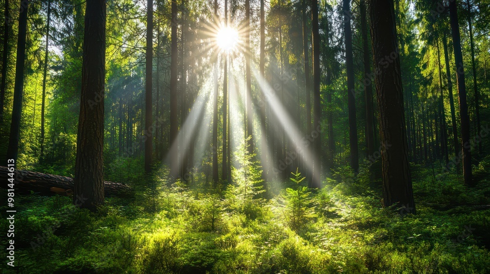 Poster the sun is shining through the trees, casting a warm glow on the forest floor. the light is creating