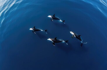 Top view of a pod of killer whales swimming in the ocean. Animals in the wild