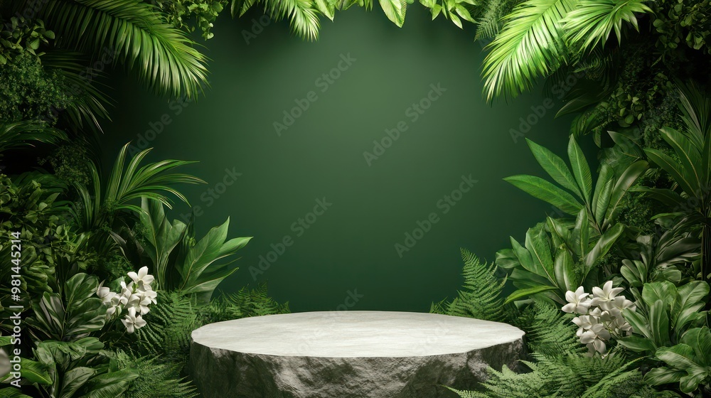 Aufkleber a green jungle with a stone pedestal in the middle. the stone pedestal is empty and surrounded by lu
