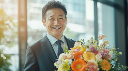 オフィスで花束を受け取るビジネスマン