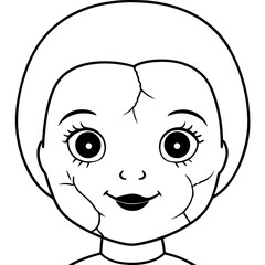 Vector Art of a Cracked Porcelain Doll Face with Eerie Eyes and Sinister Smile