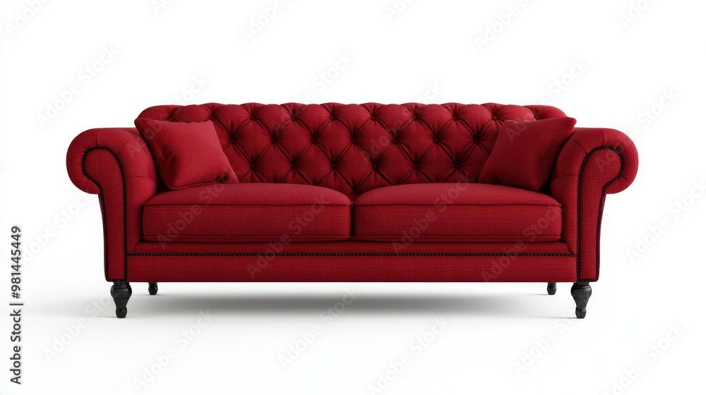 Poster a red couch with two pillows on it. the couch is a red velvet couch with a white background
