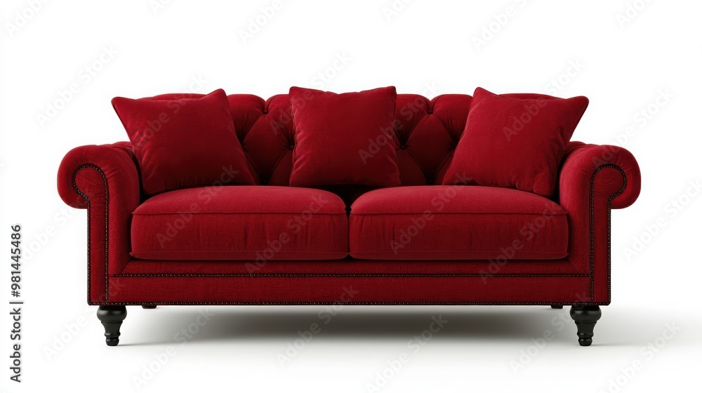 Poster A red couch with pillows on it. The couch is large and has a classic design. The pillows are arranged in a way that makes the couch look inviting and comfortable. Scene is cozy and welcoming