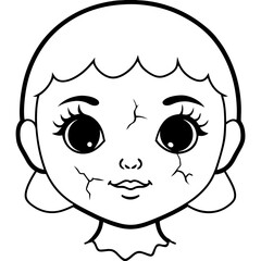 Vector Art of a Cracked Porcelain Doll Face with Eerie Eyes and Sinister Smile