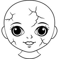 Vector Art of a Cracked Porcelain Doll Face with Eerie Eyes and Sinister Smile
