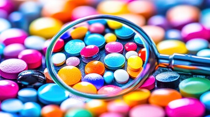 Magnifying glass examining colorful pills on table