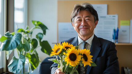 オフィスで花束を受け取るビジネスマン