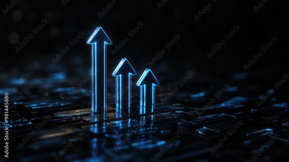 Poster three arrows pointing upwards on a dark background. concept of progress and growth