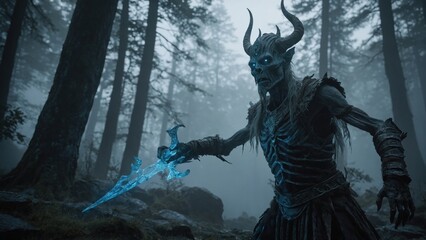 Fototapeta premium fantasy halloween monster with blue eyes in the forest.