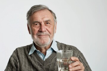 Portrait of an elderly gentleman holding a glass of water, suitable for healthcare or wellness-themed projects