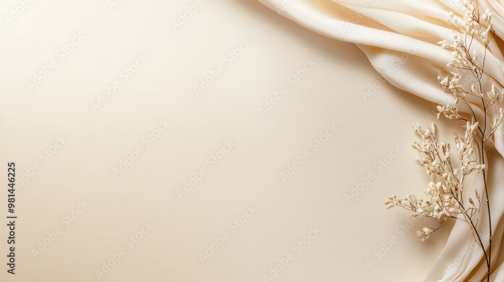 Poster a white background with a white curtain and a bunch of white flowers. the flowers are arranged in a 