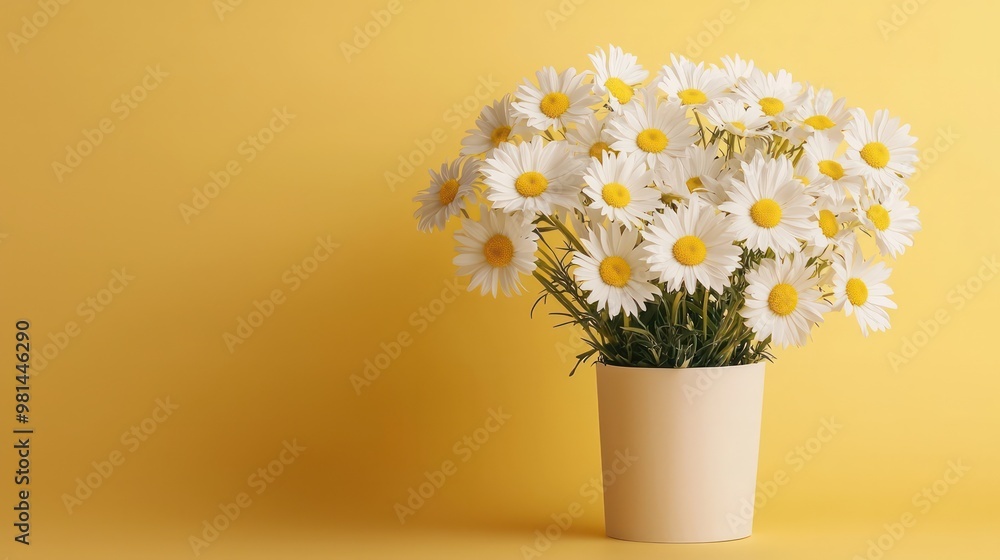 Aufkleber a vase of white daisies sits on a yellow background. the vase is the main focus of the image, and th