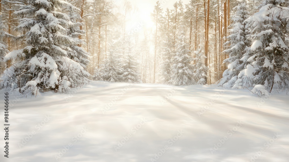 Poster A snowy forest with a road in the middle. The road is empty and the trees are bare. The snow is deep and the sun is shining through the trees