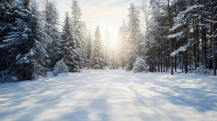 Fototapeta premium A snowy forest with trees and a sun shining through the trees. The sun is casting shadows on the snow